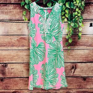 Lilly Pulitzer Pink and Green Leaf Print Midi Dress